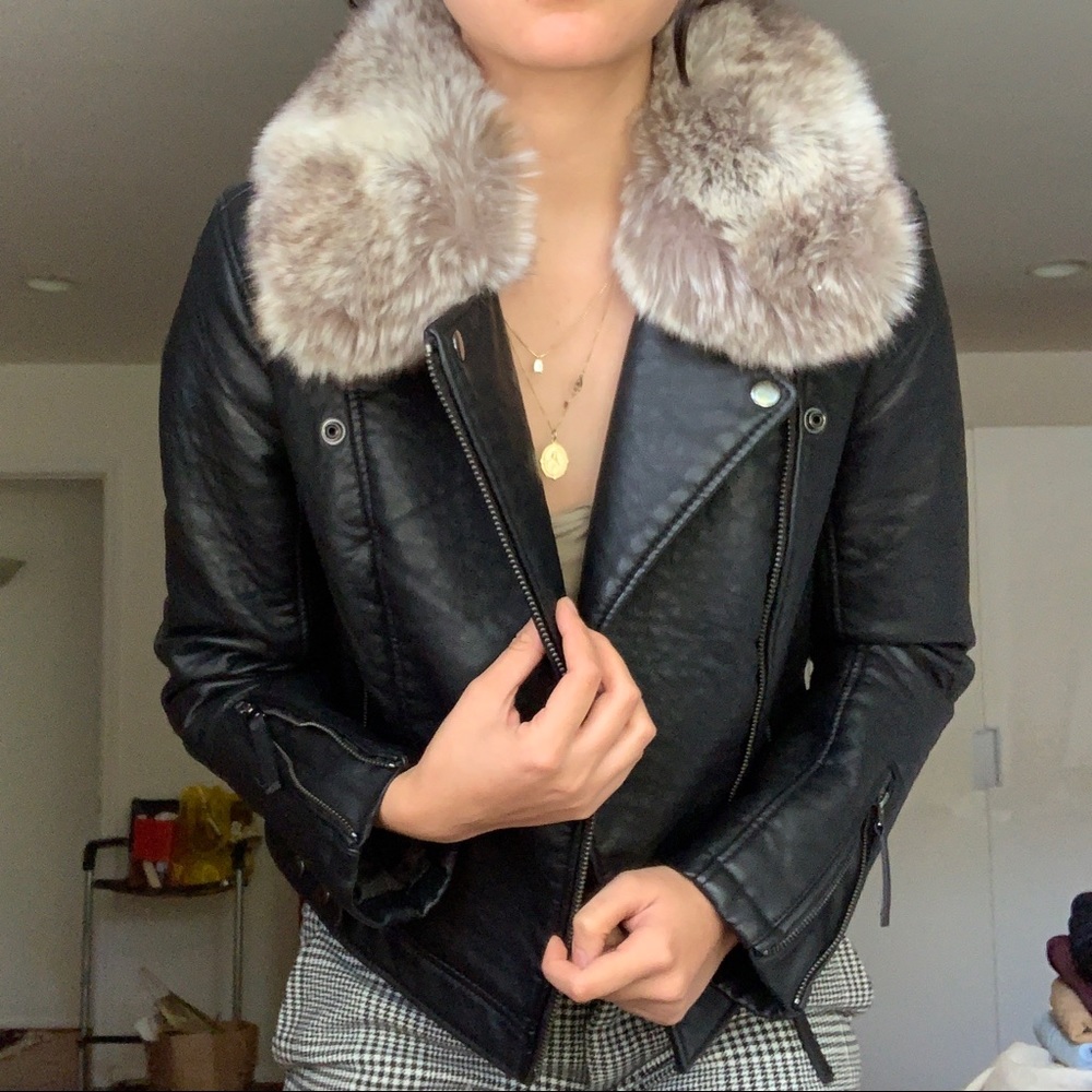 Topshop Moto Jacket with Faux-Fur Collar
